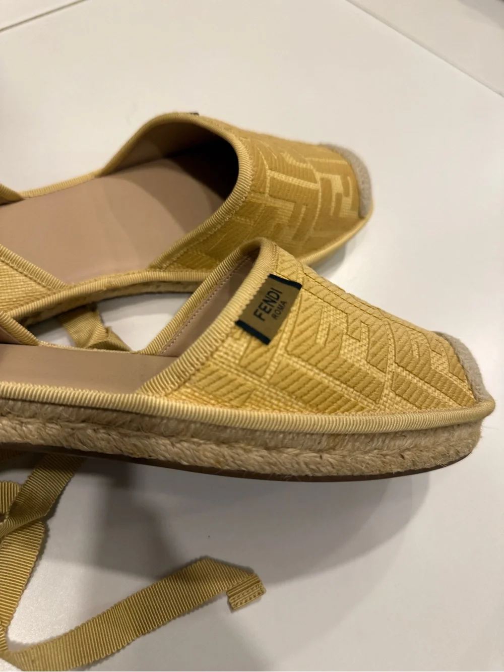 Fendi women Canary Yellow Embroidered Espadrille Sandals with Ankle Ties
